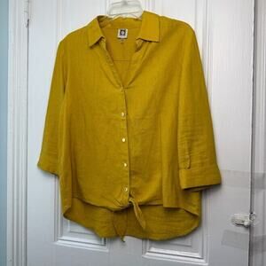 Anne Klein Top Womens Medium Mustard Yellow Button Front Linen Blend Coastal